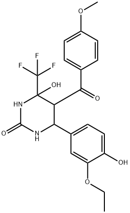 6-(3-ethoxy-4-hydroxyphenyl)-4-hydroxy-5-(4-methoxybenzoyl)-4-(trifluoromethyl)-1,3-diazinan-2-one Struktur