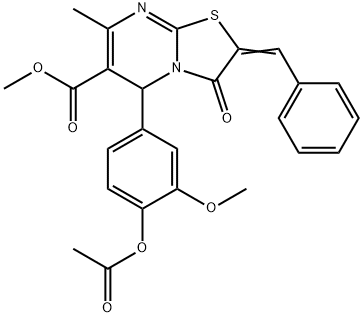 (E)-methyl 5-(4-acetoxy-3-methoxyphenyl)-2-benzylidene-7-methyl-3-oxo-3,5-dihydro-2H-thiazolo[3,2-a]pyrimidine-6-carboxylate Struktur
