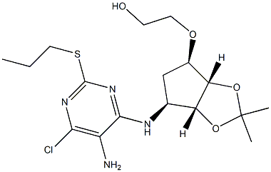 2-(((3aS,4R,6S,6aR)-6-((5-amino-6-chloro-2-(propylthio)pyrimidin-4-yl)amino)-2,2-dimethyltetrahydro-4H-cyclopenta[d][1,3]dioxol-4-yl)oxy)ethan-1-ol Struktur