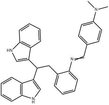 (E)-4-(((2-(2,2-di(1H-indol-3-yl)ethyl)phenyl)imino)methyl)-N,N-dimethylaniline Struktur