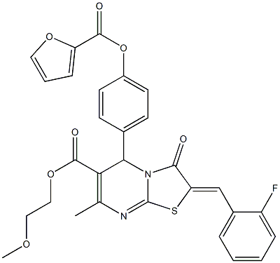 (Z)-2-methoxyethyl 2-(2-fluorobenzylidene)-5-(4-((furan-2-carbonyl)oxy)phenyl)-7-methyl-3-oxo-3,5-dihydro-2H-thiazolo[3,2-a]pyrimidine-6-carboxylate Struktur