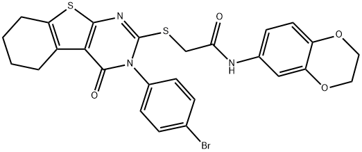 2-{[3-(4-bromophenyl)-4-oxo-3,4,5,6,7,8-hexahydro[1]benzothieno[2,3-d]pyrimidin-2-yl]sulfanyl}-N-(2,3-dihydro-1,4-benzodioxin-6-yl)acetamide Struktur