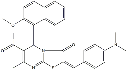 6-acetyl-2-[4-(dimethylamino)benzylidene]-5-(2-methoxy-1-naphthyl)-7-methyl-5H-[1,3]thiazolo[3,2-a]pyrimidin-3(2H)-one Struktur