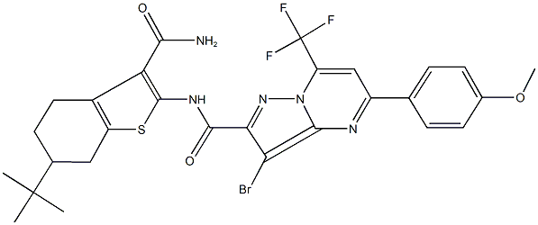 N-[3-(aminocarbonyl)-6-tert-butyl-4,5,6,7-tetrahydro-1-benzothien-2-yl]-3-bromo-5-(4-methoxyphenyl)-7-(trifluoromethyl)pyrazolo[1,5-a]pyrimidine-2-carboxamide Struktur