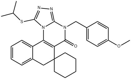 1-(isopropylsulfanyl)-4-(4-methoxybenzyl)-6,7-dihydrospiro(benzo[h][1,2,4]triazolo[4,3-a]quinazoline-6,1'-cyclohexane)-5(4H)-one Struktur