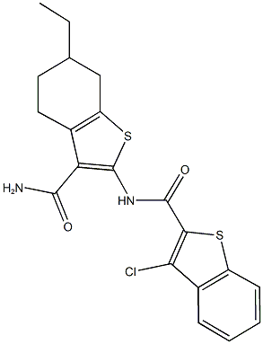 N-[3-(aminocarbonyl)-6-ethyl-4,5,6,7-tetrahydro-1-benzothien-2-yl]-3-chloro-1-benzothiophene-2-carboxamide Struktur