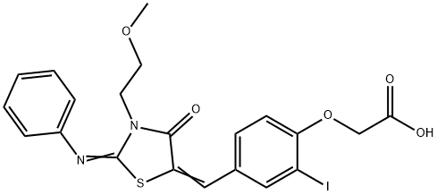 (2-iodo-4-{[3-(2-methoxyethyl)-4-oxo-2-(phenylimino)-1,3-thiazolidin-5-ylidene]methyl}phenoxy)acetic acid Struktur
