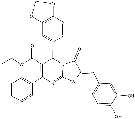 ethyl 5-(1,3-benzodioxol-5-yl)-2-(3-hydroxy-4-methoxybenzylidene)-3-oxo-7-phenyl-2,3-dihydro-5H-[1,3]thiazolo[3,2-a]pyrimidine-6-carboxylate Structure