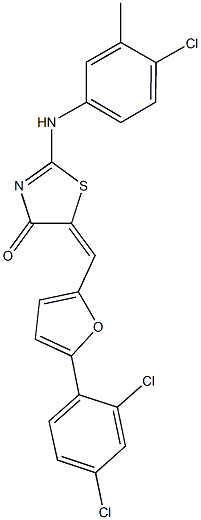 2-(4-chloro-3-methylanilino)-5-{[5-(2,4-dichlorophenyl)-2-furyl]methylene}-1,3-thiazol-4(5H)-one Struktur
