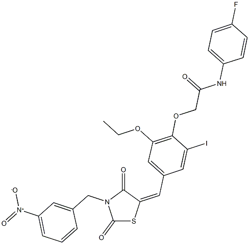 2-{2-ethoxy-4-[(3-{3-nitrobenzyl}-2,4-dioxo-1,3-thiazolidin-5-ylidene)methyl]-6-iodophenoxy}-N-(4-fluorophenyl)acetamide Struktur