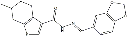 N'-(1,3-benzodioxol-5-ylmethylene)-6-methyl-4,5,6,7-tetrahydro-1-benzothiophene-3-carbohydrazide Struktur