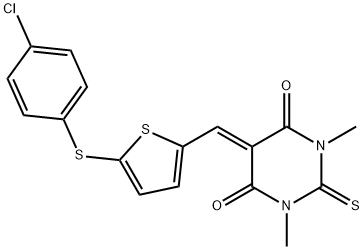 5-({5-[(4-chlorophenyl)sulfanyl]thien-2-yl}methylene)-1,3-dimethyl-2-thioxodihydropyrimidine-4,6(1H,5H)-dione Struktur