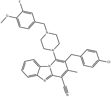 2-[(4-chlorophenyl)methyl]-1-[4-[(3-fluoro-4-methoxyphenyl)methyl]piperazin-1-yl]-3-methylpyrido[1,2-a]benzimidazole-4-carbonitrile Struktur