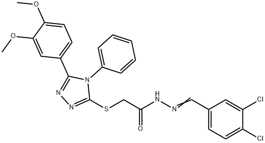N-[(E)-(3,4-dichlorophenyl)methylideneamino]-2-[[5-(3,4-dimethoxyphenyl)-4-phenyl-1,2,4-triazol-3-yl]sulfanyl]acetamide Struktur