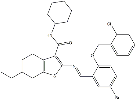 2-[(E)-[5-bromo-2-[(2-chlorophenyl)methoxy]phenyl]methylideneamino]-N-cyclohexyl-6-ethyl-4,5,6,7-tetrahydro-1-benzothiophene-3-carboxamide