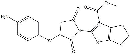 methyl 2-{3-[(4-aminophenyl)thio]-2,5-dioxopyrrolidin-1-yl}-5,6-dihydro-4H-cyclopenta[b]thiophene-3-carboxylate Struktur