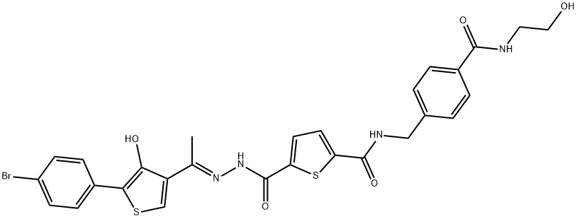 (2E)-2-[1-[5-(4-Bromophenyl)-4-hydroxy-3-thienyl]ethylidene]hydrazide-5-[[[[4-[[(2-hydroxyethyl)amino]carbonyl]phenyl]methyl]amino]carbonyl]-2-thiophenecarboxylic Acid Structure
