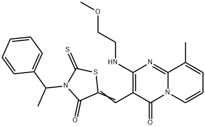 (5Z)-5-[[2-(2-methoxyethylamino)-9-methyl-4-oxopyrido[1,2-a]pyrimidin-3-yl]methylidene]-3-(1-phenylethyl)-2-sulfanylidene-1,3-thiazolidin-4-one Struktur