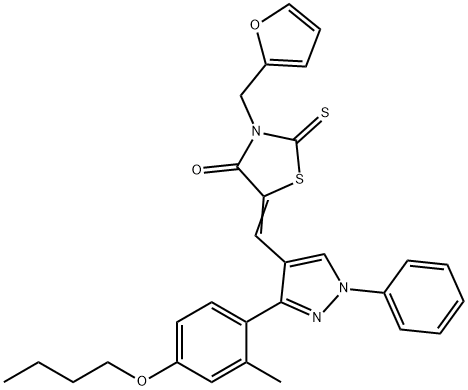 (5Z)-5-[[3-(4-butoxy-2-methylphenyl)-1-phenylpyrazol-4-yl]methylidene]-3-(furan-2-ylmethyl)-2-sulfanylidene-1,3-thiazolidin-4-one Struktur