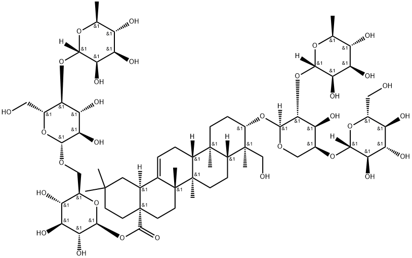 3-O-Β-D-葡萄糖( 1→4)-[ A -L-鼠李糖(1→2)]- A-L-阿拉伯糖 常春藤配基- 28-O-鼠李糖(1→4)葡萄糖(1→6)葡萄糖苷, 68027-14-5, 結(jié)構(gòu)式