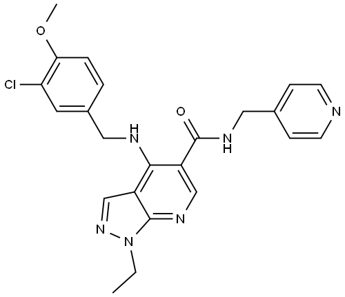 1H-Pyrazolo[3,4-b]pyridine-5-carboxamide, 4-[[(3-chloro-4-methoxyphenyl)methyl]amino]-1-ethyl-N-(4-pyridinylmethyl)- Struktur