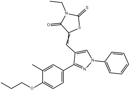 (5Z)-3-ethyl-5-[[3-(3-methyl-4-propoxyphenyl)-1-phenylpyrazol-4-yl]methylidene]-2-sulfanylidene-1,3-thiazolidin-4-one Struktur
