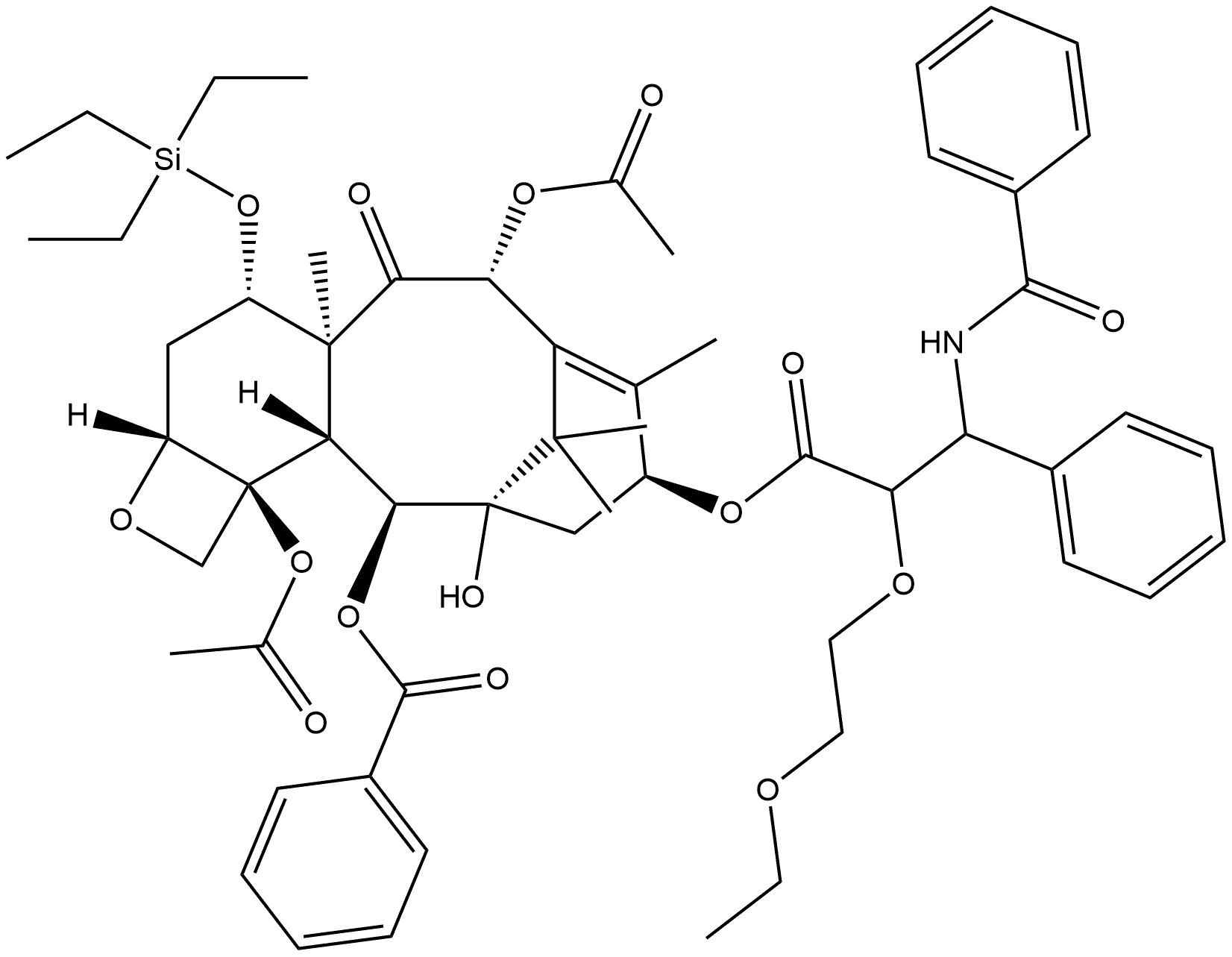 Benzenepropanoic acid, β-(benzoylamino)-α-(2-ethoxyethoxy)-, (2aR,4S,4aS,6R,9S,11S,12S,12aR,12bS)-6,12b-bis(acetyloxy)-12-(benzoyloxy)-2a,3,4,4a,5,6,9,10,11,12,12a,12b-dodecahydro-11-hydroxy-4a,8,13,13-tetramethyl-5-oxo-4-[(triethylsilyl)oxy]-7,11-methano-1H-cyclodeca[3,4]benz[1,2-b]oxet-9-yl ester, (αR,βS)- Struktur