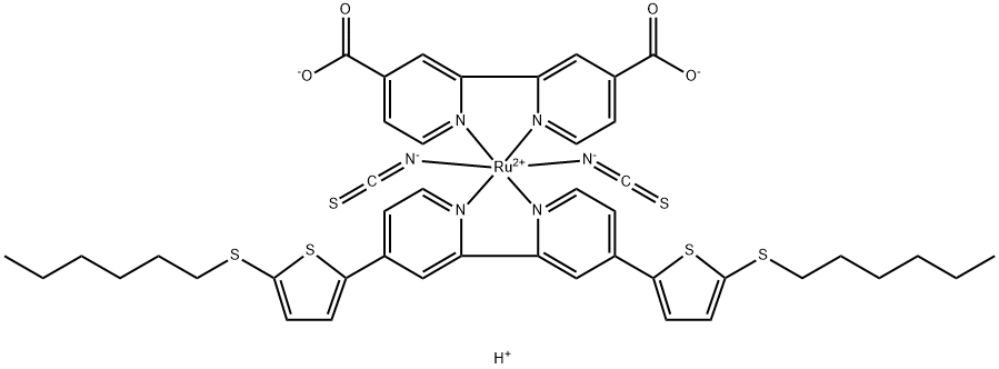 cis-Bis(isothiocyanato)(2,2′-bipyridyl-4,4′-dicarboxylato)( 4,4′-bis(5-(hexylthio)thiophen-2-yl)-2,2′-bipyridyl)ruthenium(II), 1152310-69-4, 結(jié)構(gòu)式