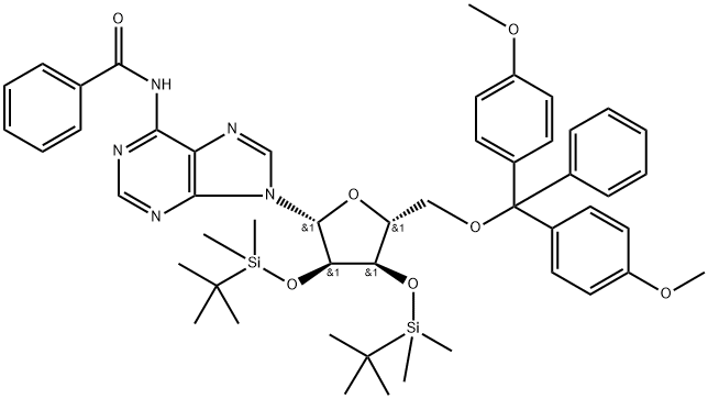N-(9-((2R,3R,4R,5R)-5-((bis(4-methoxyphenyl)(phenyl)methoxy)methyl)-3,4-bis((tert-butyldimethylsilyl)oxy)tetrahydrofuran-2-yl)-9H-purin-6-yl)benzamide(WXC08861) Struktur