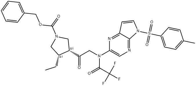benzyl(3S,4R)-3-ethyl-4-(N-(5-tosyl-5H-pyrrolo[2,3-b]pyrazin-2-yl)- N-(2,2,2-trifluoroacetyl)glycyl)pyrrolidine-1-carboxylate Structure