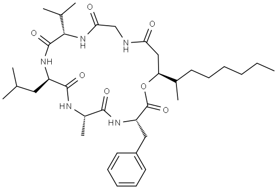 Cyclo[L-alanyl-L-phenylalanyl-(3S)-3-hydroxy-4-methyldecanoylglycyl-L-valyl-D-leucyl] Structure