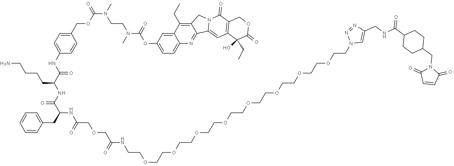 L-Lysinamide, N-[32-[4-[[[[4-[(2,5-dihydro-2,5-dioxo-1H-pyrrol-1-yl)methyl]cyclohexyl]carbonyl]amino]methyl]-1H-1,2,3-triazol-1-yl]-1,5-dioxo-3,9,12,15,18,21,24,27,30-nonaoxa-6-azadotriacont-1-yl]-L-phenylalanyl-N-[4-[[[[[2-[[[[(4S)-4,11-diethyl-3,4,12,14-tetrahydro-4-hydroxy-14-oxo-1H-pyrano[3',4':... Struktur
