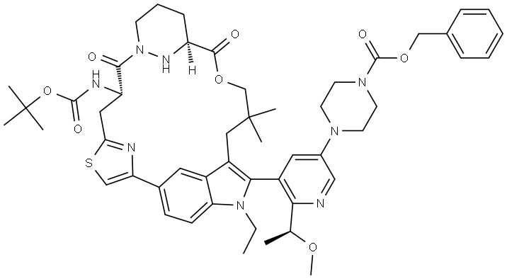 benzyl 4-(5-((63S,4S,Z)-4-((tert-butoxycarbonyl)amino)-11-ethyl-10,10-dimethyl-5,7-dioxo-61,62,63,64,65,66-hexahydro-11H-8-oxa-2(4,2)-thiazola-1(5,3)-indola Struktur