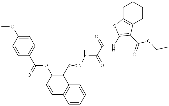 ETHYL 2-{[[(2E)-2-({2-[(4-METHOXYBENZOYL)OXY]-1-NAPHTHYL}METHYLENE)HYDRAZINO](OXO)ACETYL]AMINO}-4,5,6,7-TETRAHYDRO-1-BENZOTHIOPHENE-3-CARBOXYLATE Struktur