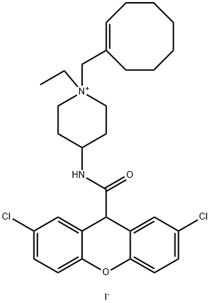 1,4-CIS-1-(1-CYCLOOCTEN-1-YLMETHYL)-4-[[(2,7-DICHLORO-9H-XANTHEN-9-YL)CARBONYL]AMINO]-1-ETHYLPIPERIDINIUM IODIDE, 353791-85-2, 結構式