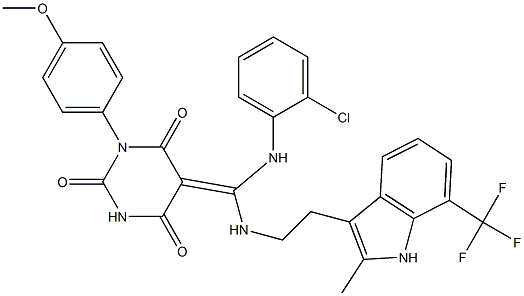 (Z)-5-((2-CHLOROPHENYLAMINO)(2-(2-METHYL-7-(TRIFLUOROMETHYL)-1H-INDOL-3-YL)ETHYLAMINO)METHYLENE)-1-(4-METHOXYPHENYL)PYRIMIDINE-2,4,6(1H,3H,5H)-TRIONE
