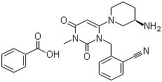 CAS 登錄號：850649-62-6, 阿格列汀苯甲酸鹽, 2-[[6-[(3R)-3-氨基-1-哌啶基]-3,4-二氫-3-甲基-2,4-二氧代-1(2H)-嘧啶基]甲基]苯甲腈苯甲酸鹽